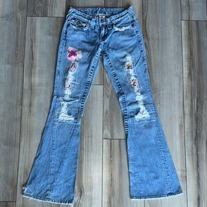 True Religion Vintage Woodstock Patch Low rise Flare Jeans